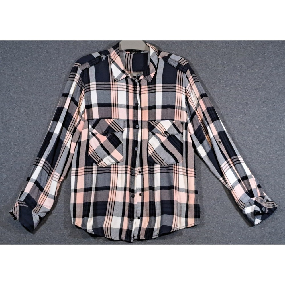 Sanctuary Boyfriend Shirt Womens Medium Navy Pink Plaid Herringbone Button Down